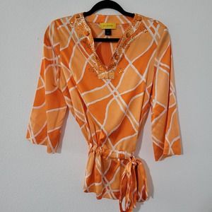 St. John V-Neck 3/4 Sleeve Cinch Waist Blouse